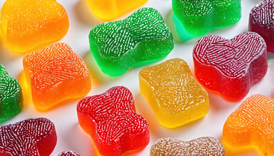 Assorted THC gummies in different shapes and colors