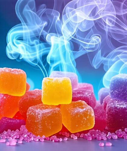 An artistic illustration showing the synergy between colorful THC gummies and swirling vapor clouds from a vape pen, symbolizing a harmonious cannabis experience.