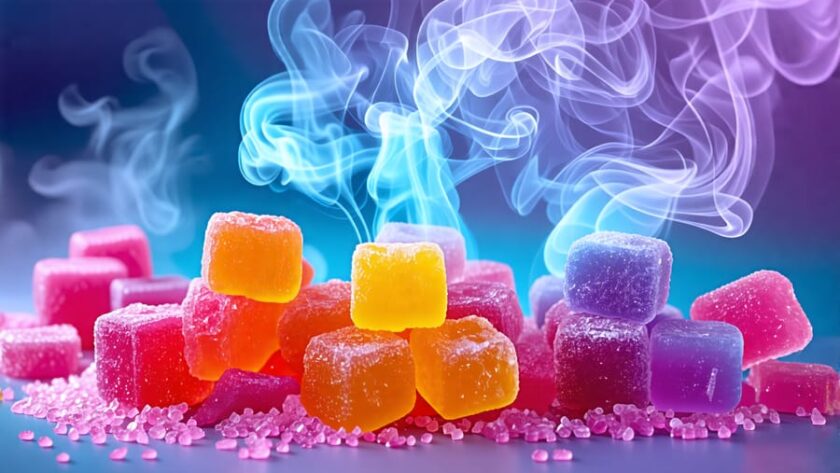 An artistic illustration showing the synergy between colorful THC gummies and swirling vapor clouds from a vape pen, symbolizing a harmonious cannabis experience.