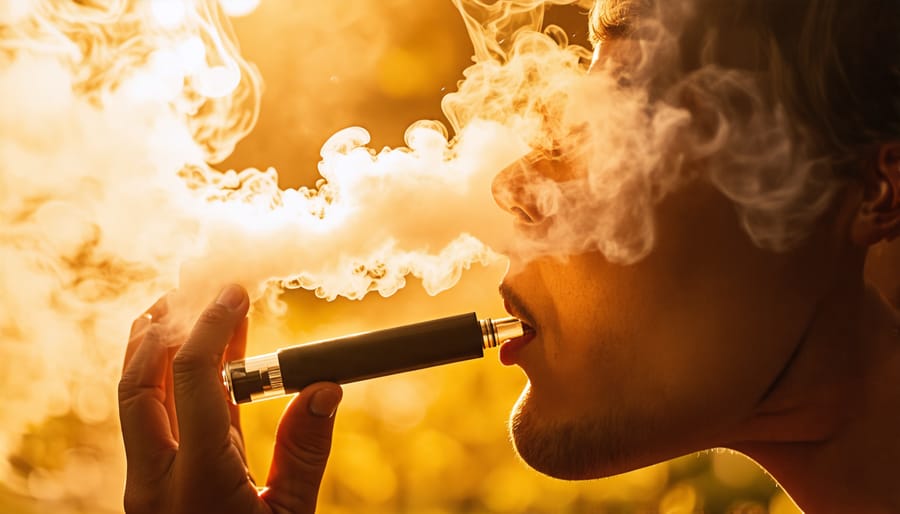 Individual using a vape pen, with visible vapor cloud