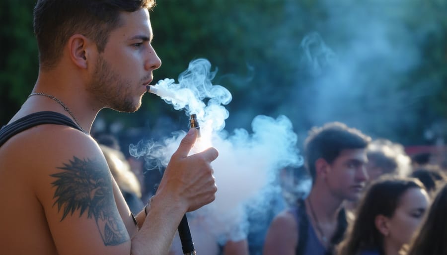 Crowd gathering with signs both supporting and opposing vaping policies, highlighting public debates