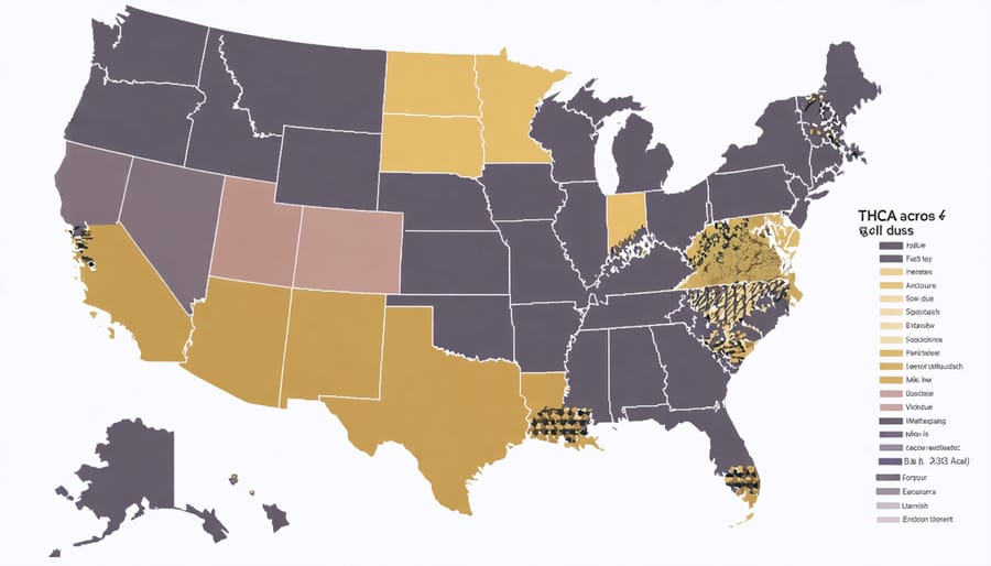 A map of the United States showing different legal statuses of THCA by state