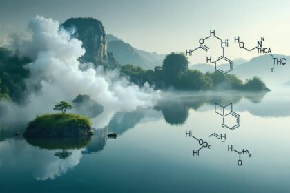 A conceptual depiction of a serene landscape morphing into a cloud of vapor, featuring chemical symbols of THCA, symbolizing its potential benefits and the transition into THC through vaping.