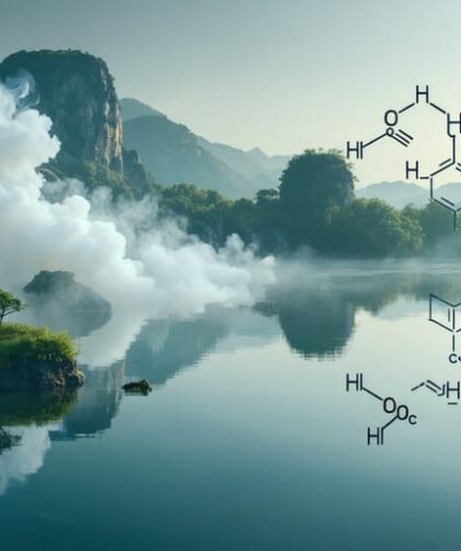 A conceptual depiction of a serene landscape morphing into a cloud of vapor, featuring chemical symbols of THCA, symbolizing its potential benefits and the transition into THC through vaping.