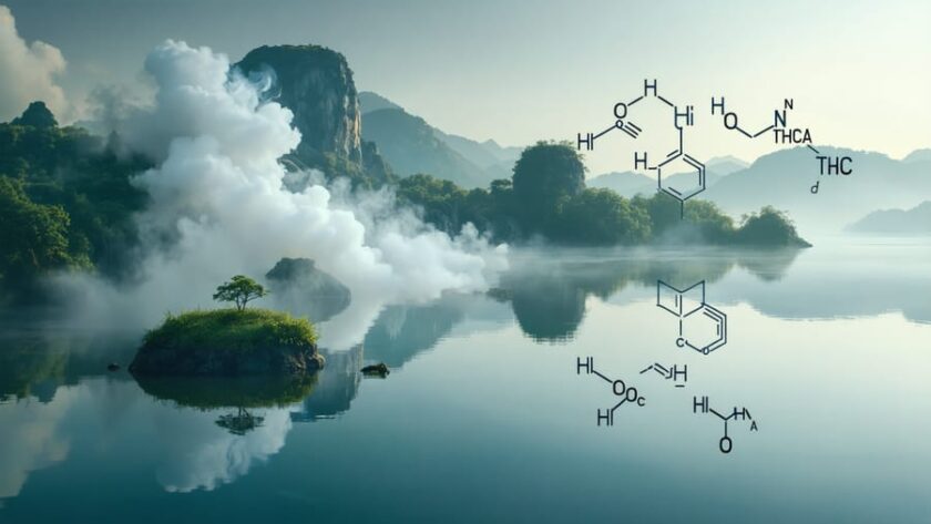 A conceptual depiction of a serene landscape morphing into a cloud of vapor, featuring chemical symbols of THCA, symbolizing its potential benefits and the transition into THC through vaping.