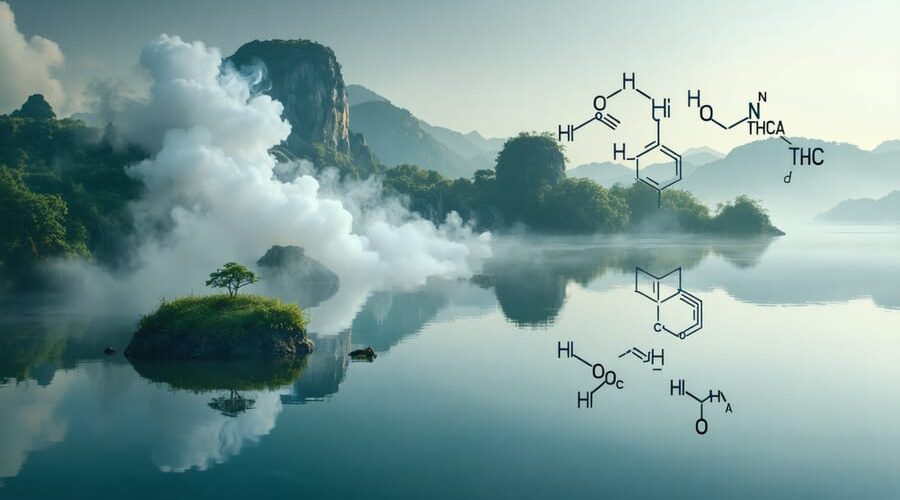 A conceptual depiction of a serene landscape morphing into a cloud of vapor, featuring chemical symbols of THCA, symbolizing its potential benefits and the transition into THC through vaping.