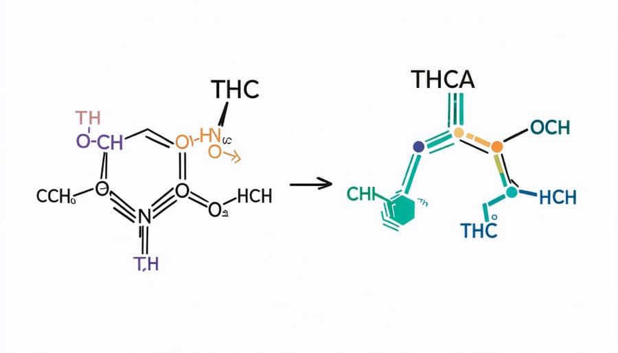 Chemical diagrams of THCA and THC side by side showing molecular differences