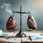 Conceptual image of scales balancing two lungs—one affected by smoking and the other by vaping—with regulatory documents and digital health charts in the background, illustrating health effects and legal considerations of vaping.