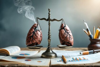 Conceptual image of scales balancing two lungs—one affected by smoking and the other by vaping—with regulatory documents and digital health charts in the background, illustrating health effects and legal considerations of vaping.