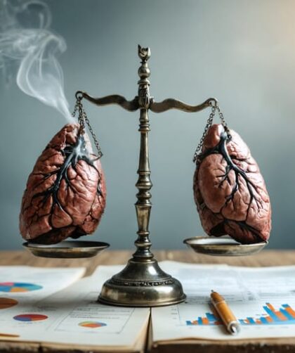 Conceptual image of scales balancing two lungs—one affected by smoking and the other by vaping—with regulatory documents and digital health charts in the background, illustrating health effects and legal considerations of vaping.