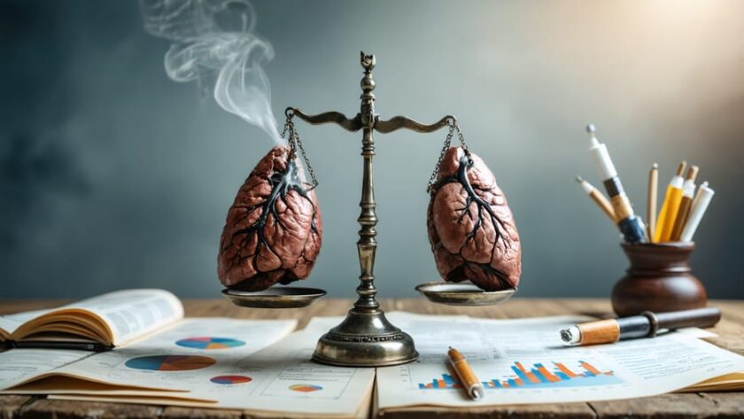 Conceptual image of scales balancing two lungs—one affected by smoking and the other by vaping—with regulatory documents and digital health charts in the background, illustrating health effects and legal considerations of vaping.