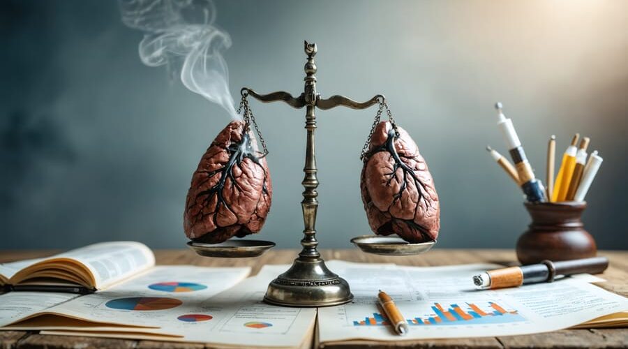 Conceptual image of scales balancing two lungs—one affected by smoking and the other by vaping—with regulatory documents and digital health charts in the background, illustrating health effects and legal considerations of vaping.